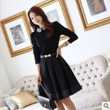 春季新款韓版修身連衣裙娃娃領(lǐng)長袖氣質(zhì)連衣裙